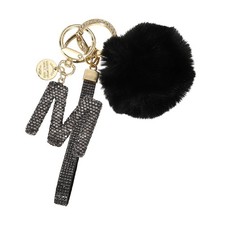 Initial Letter m Keychain with Pom and Rhinestone Wristlet, Grey