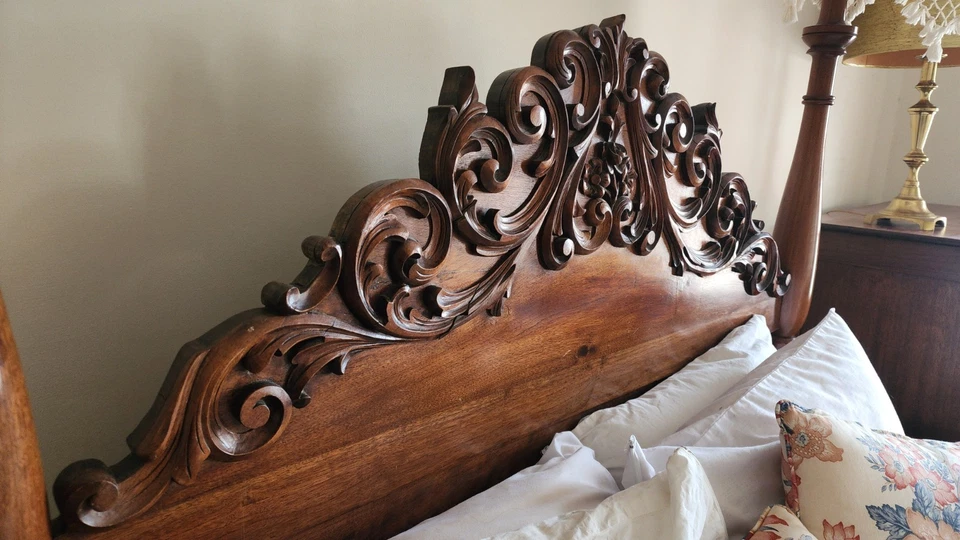 Antigua cama con dosel de caoba tallada a mano tamaño completo con dosel - rococó victoriano Foto 2 de 4