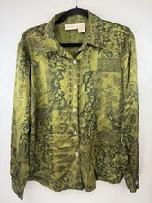 Vintage Christie  Jill Olive Silk Blouse With Black Floral Pattern Size L
