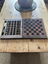 Beautiful Vintage Embossed Leather Chess Set with Pewter and Brass Chess Pieces