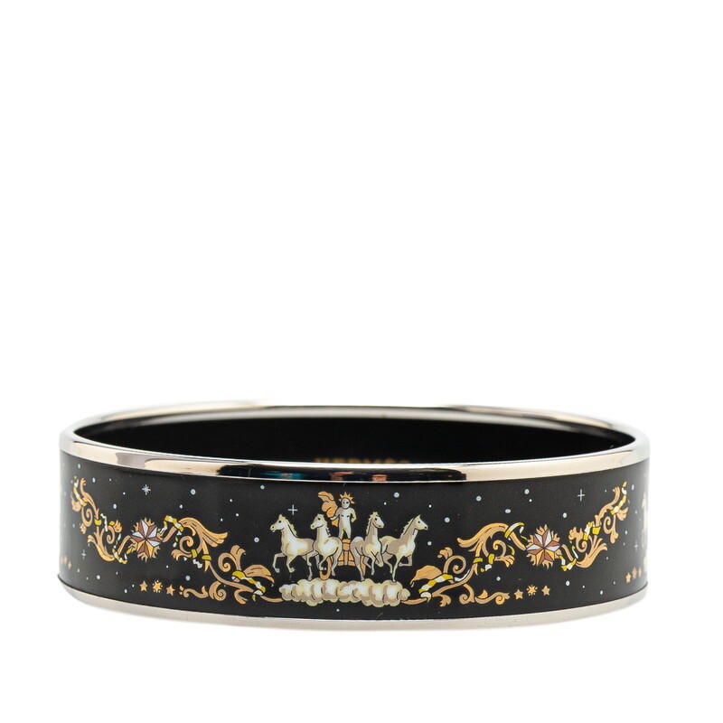 Hermes Emaill GM Horse Cloisonne Bangle Silver Black Gold Metal Women Bracelet HERMES