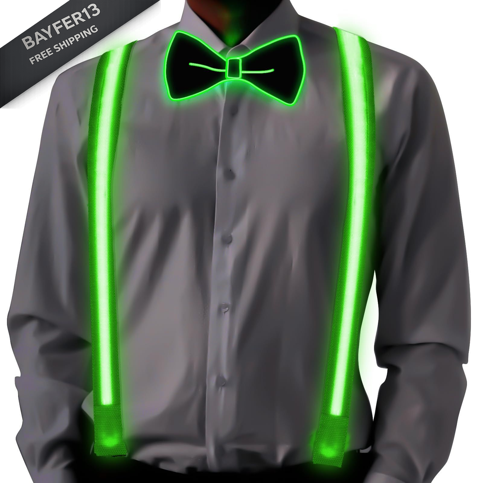 Ainiv Light Up Suspenders and Bow Ties, Man LED Free Size, Green Bowtie+tie