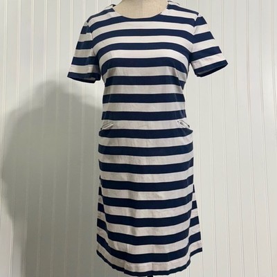 Draper James Womens 6 Dress Navy White Striped Tencel Blend Short Sleeve Pockets