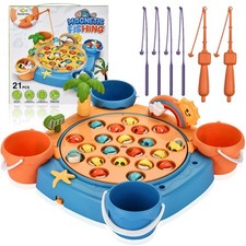 Magnetic Fishing Game Set - 21 Fish and 6 Poles, Rotating Toddler Board Games...