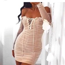 Fashion Nova Off Shoulder Maura Mesh Dress Size XS Ivory White Club night out