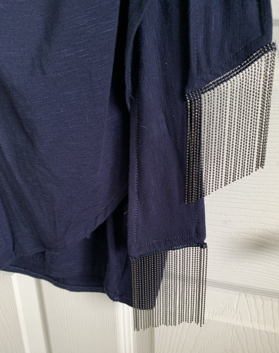 White House Black Market Dress XS Navy Blue Ball Chain Fringe Wrap Cocktail NwT - Picture 6 of 12