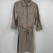 LLBean Linen Cotton Stripe Button Front Belted Shirt Dress XL REG Pink Blue