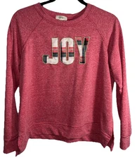 Style & Co Joy Top Red Large Long Sleeve Crew Neck Plaid Applique Christmas