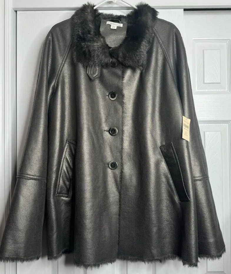 Abrigo de mujer Coldwater Creek raro forro exterior de piel sintética talla 1XL NUEVO CON ETIQUETAS
