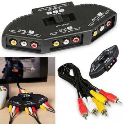Splitter w/ Cable Plug Switch Cord Composite RCA AV Selector 3 Port Box