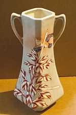 RARE Royal Nippon Nishiki Octagonal 2-Handled Vase Orange Bamboo/Bird 21/23 12"