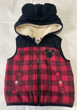 Disney Junior Puffer Vest Size 24 Mos Black Red Plaid Mickey Mouse Ears Hooded