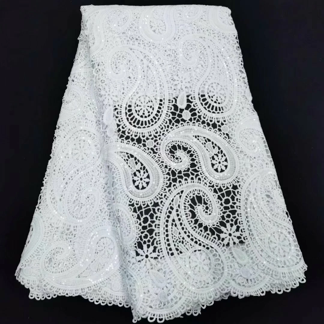 Latest Guipure Design White Cord Lace Fabric 5 Yards Sequins Party Dress Sewing