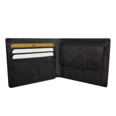 Aquatan Men's Genuine Leather RFID Wallet - Saffiano Leather Bifold Card Holder With Coin Pouch (Black)