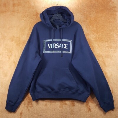 VERSACE Mens Hoodie Large Blue Pullover 90s Vintage Inspired