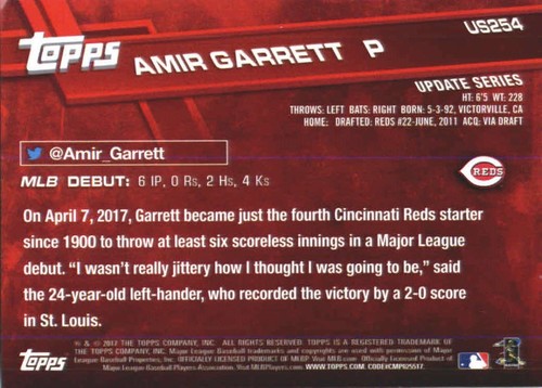 2017 Topps Update #US254 Amir Garrett Cincinnati Reds Rookie Debut - Picture 2 of 2