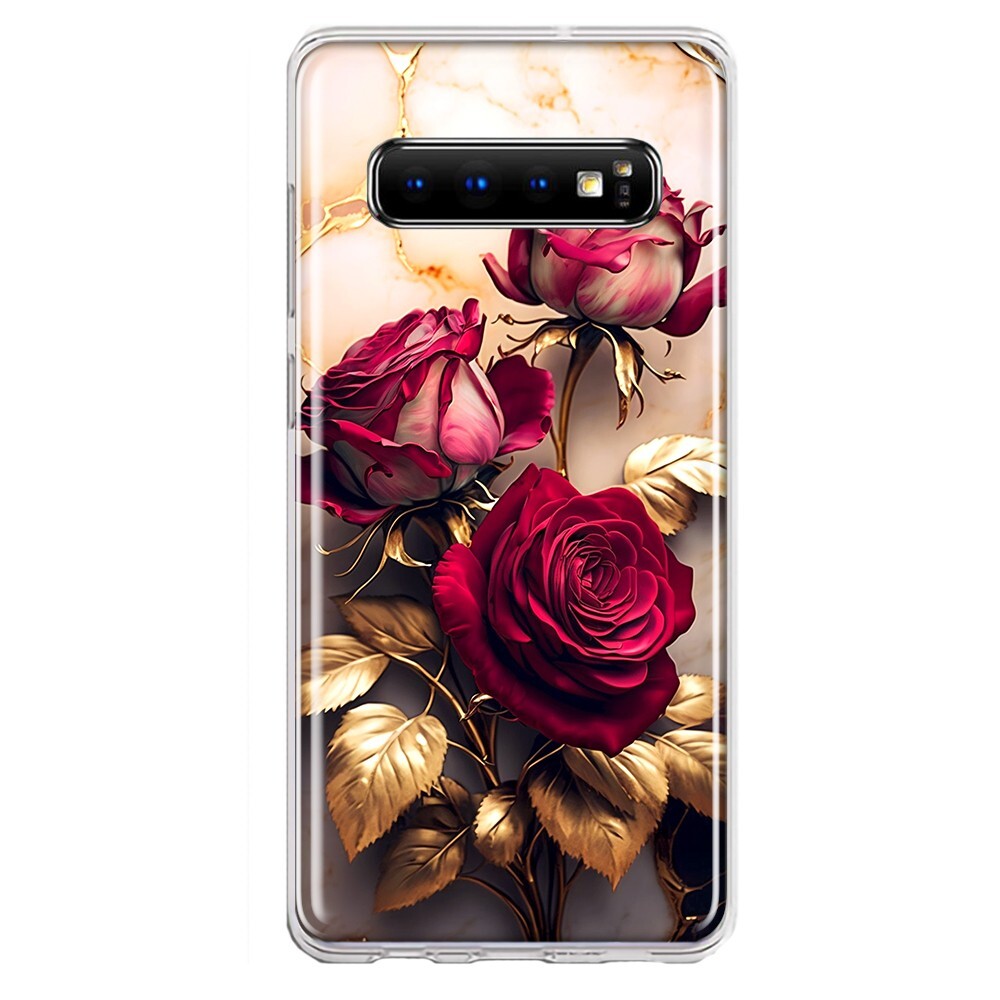 For Samsung Galaxy S10 Plus Shockproof Hybrid Case, Gold Marble Red Roses