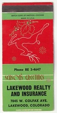 MATCHBOOK COVER - LAKEWOOD REALTY & INSURANCE - COLORADO - CHRISTMAS
