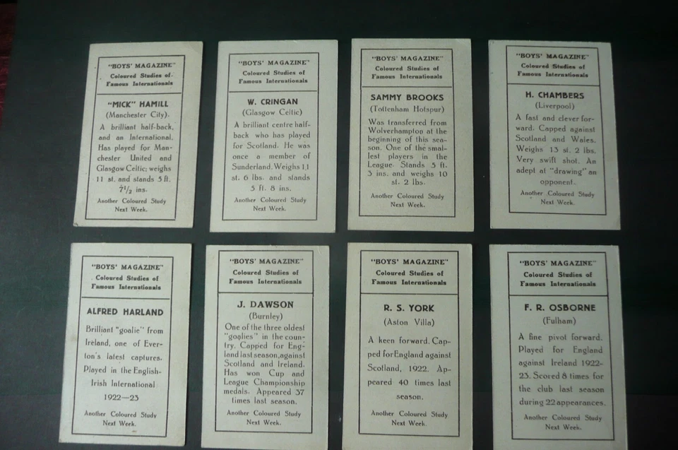 BOYS MAGAZINE 1922 FAMOUS INTERNATIONAL FOOTBALLERS COMPLETE 8 EX - Image 2 of 2