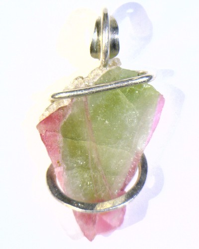 20.04ct Reverse Watermelon Tourmaline Slice in Sterling Silver Wire Wrap Pendant - Picture 3 of 4