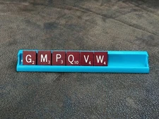 SELCHOW RIGHTER SCRABBLE DELUXE  1977 G-M-P-Q-V-W Letters TILES & RACK REDWOOD