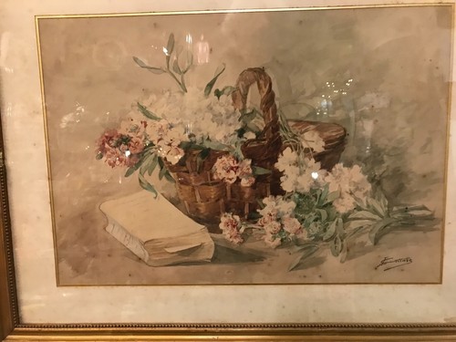 NATURE MORTE PANIER DE FLEURS PEINTURE AQUARELLE JEANNE FABRE COTTAVE DEBUT XXE - Imagen 5 de 11