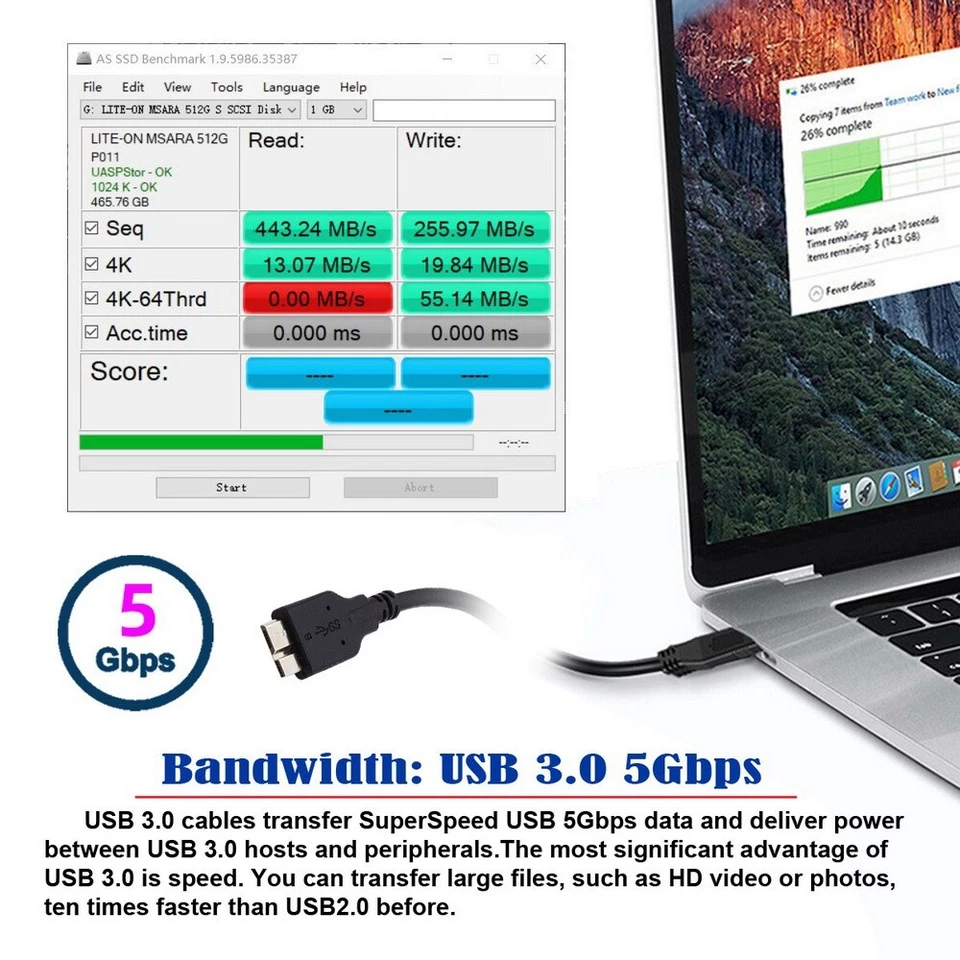 USB 3.1 USB-C Type-C to Type-A Male to Micro 3.0 B Male Disk SSD Data Cable - Image 4 of 4