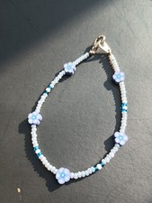  1 Dainty White With Blue Flowers Beaded Bracelet Sold Separately