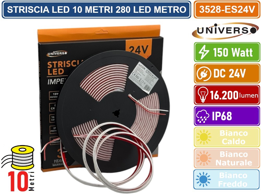 Striscia LED 24V Subacquea IP68 10M 280 LED/m Chip 2025 Alta Qualità