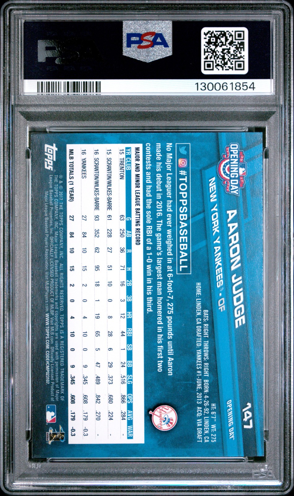2017 TOPPS OPENING DAY FIELDING #147 AARON JUDGE ROOKIE RC PSA 10 view 2