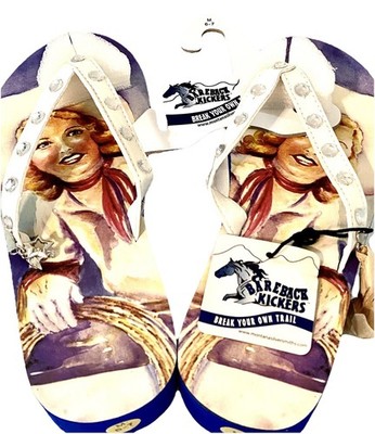 Bareback Kickers Womens Med 6-7 Flip Flops Thong Sandal Cowgirl White Studs