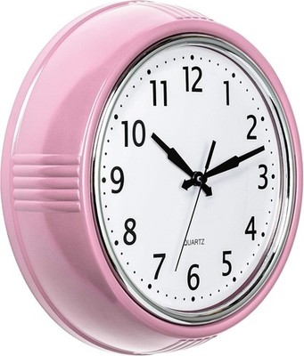 Retro Wall Clock 9.5 Inch Pink Kitchen 50'S Vintage Design round Silent Non Tick