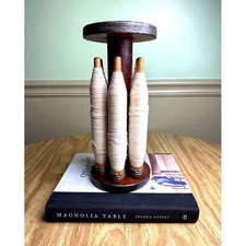 Antique Wooden Industrial Textile Spool Holder with 6 Original Thread Bobbins 
