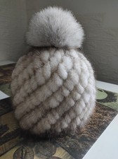 Damen Qualität Winter gestrickte Echt Nerz Pelz Mütze 56-58 Groß Weißgrau.