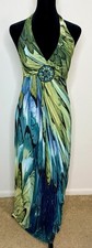 En Focus Y2K peacock halter V neck maxi dress Turquoise color medallion 4 EUC