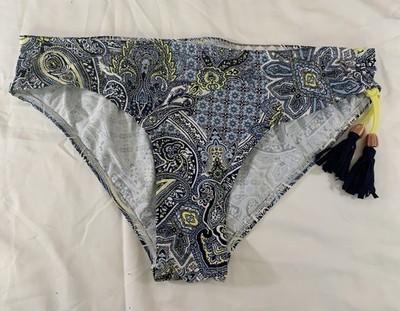 ESPRIT, Swimsuit Bottom, Blue/Yellow Paisley, Medium, Side Tassels