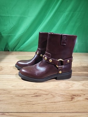 Vince Camuto Roista Moto Boots  Brown Studded Harness Leather Booties NEW 7.5