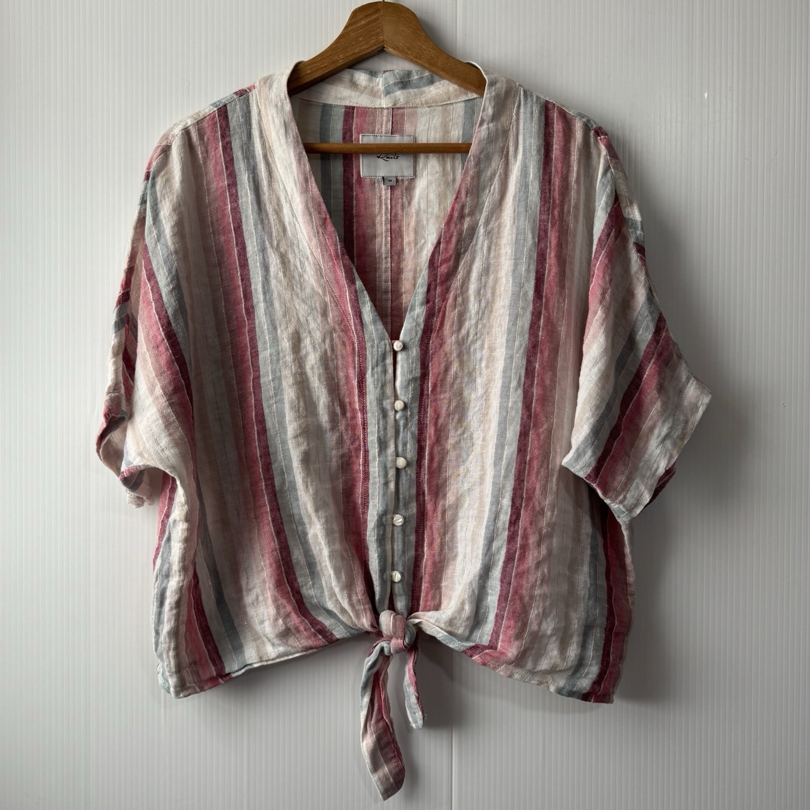 Rails Shirt Thea Tropic Stripe Linen Blend Button Tie Front Metallic Sz M Womens