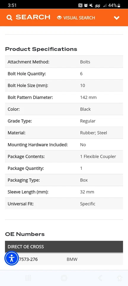 Junta flexible del eje de transmisión delantero para BMW 335i xDrive 09-12 Dorman 935-406 Solutions Foto 4 de 4