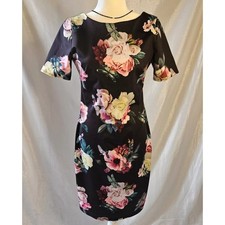 Floral Sheath Dress Rose Black Dragon Fly Tea Party Sz M Retro 