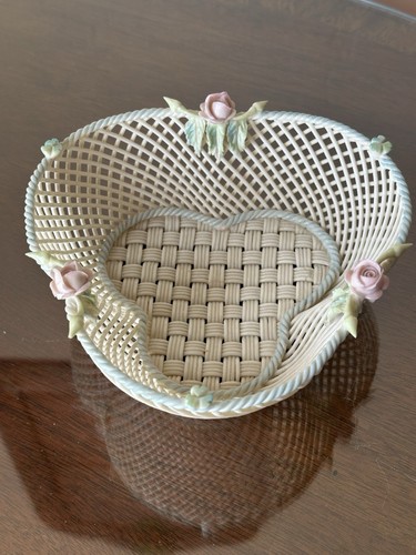 Antique Belleek Irish Porcelain Intricate Basket Weave Roses Shamrocks Large 7” - Picture 2 of 13
