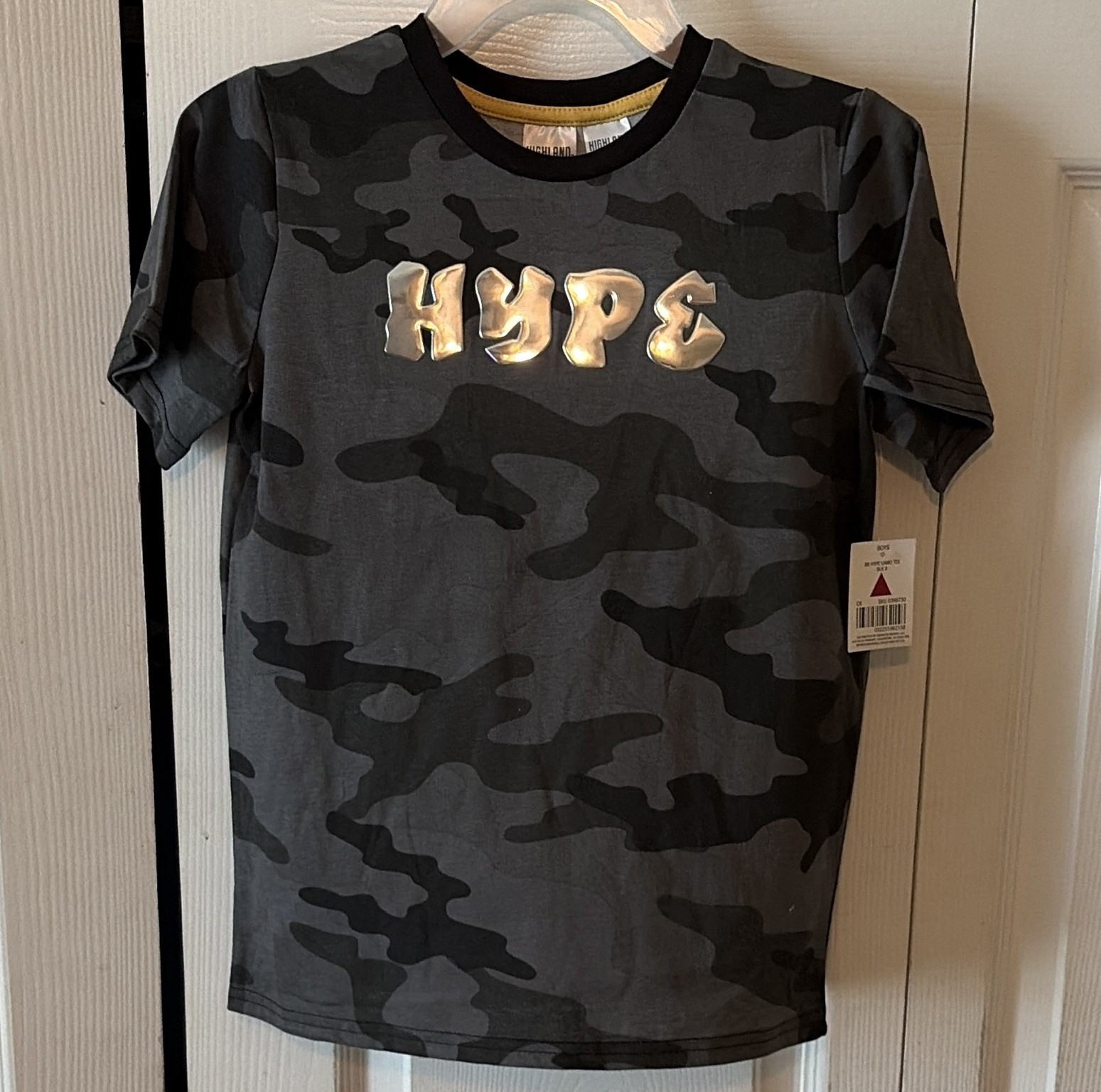 Highland Originals Boys Black Gray Camo Logo T-Shirt Size 8 Short Sleeve Crew