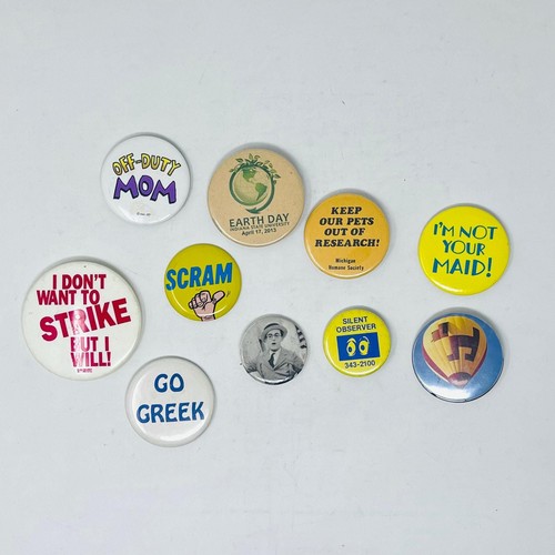 Lot Of 11 Vintage Pinback Buttons Humane Society Earth Day Humor Mix