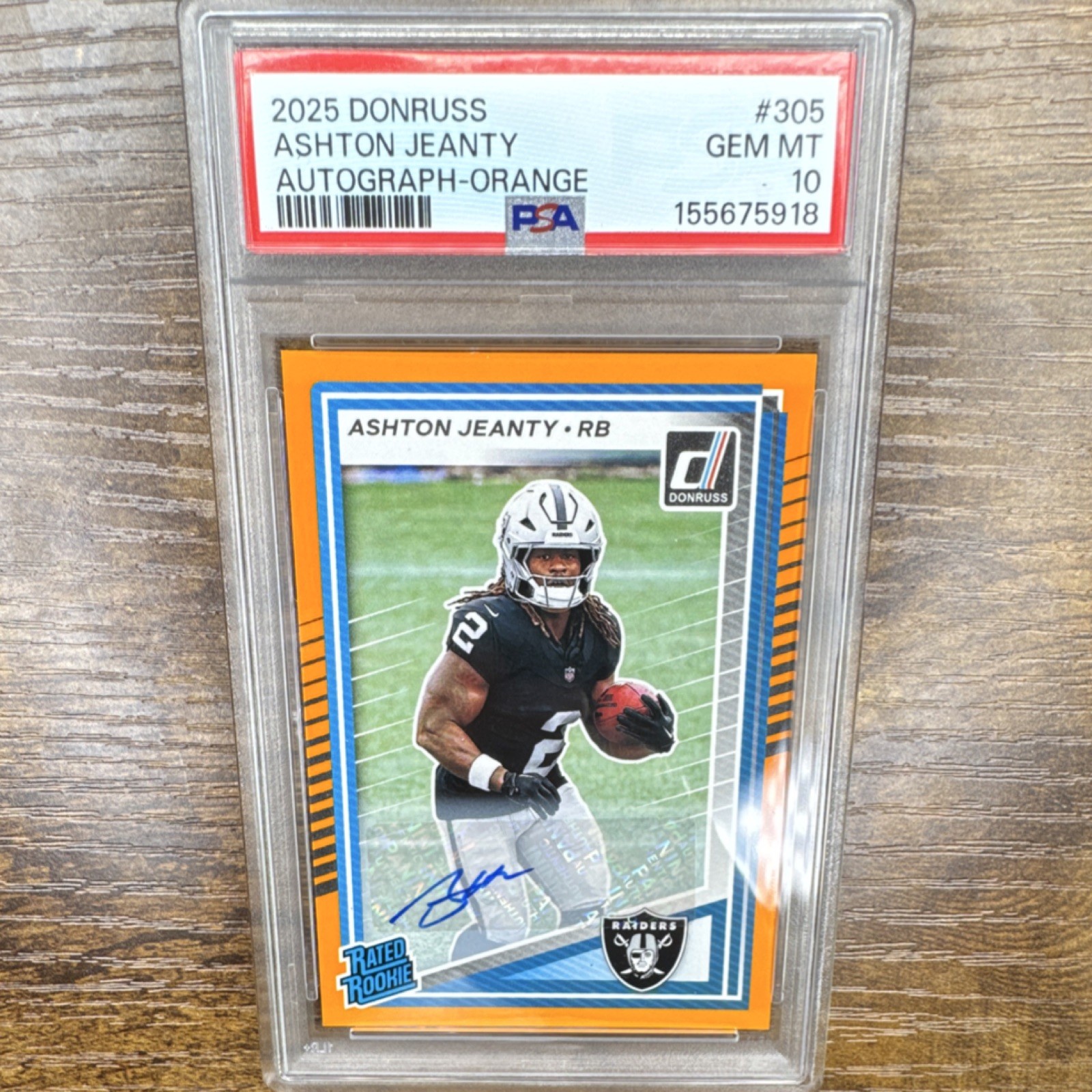 Panini 2025 Donruss Ashton Jeanty #305 Rated Rookie Orange Auto PSA 10