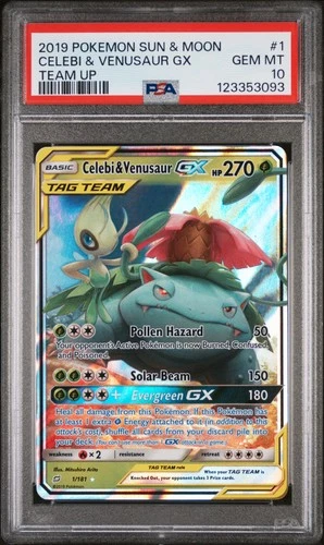 2019 POKEMON SUN & MOON TEAM UP #1 CELEBI & VENUSAUR GX PSA 10