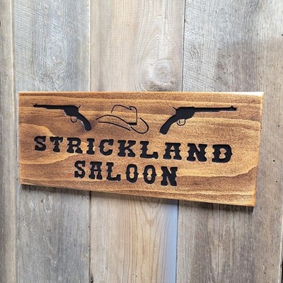 Personalized Saloon Hand Carved Wood Sign Custom Western Cowboy Hat Man Cave Bar