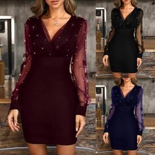 Womens Summer Party Mini Dress Mesh Long Sleeve Evening Cocktail Dresses UK 6-18