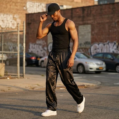 Men’s Shiny Black Satin Baggy Pants – Stylish & Trendy Sportswear - Bild 1 von 4