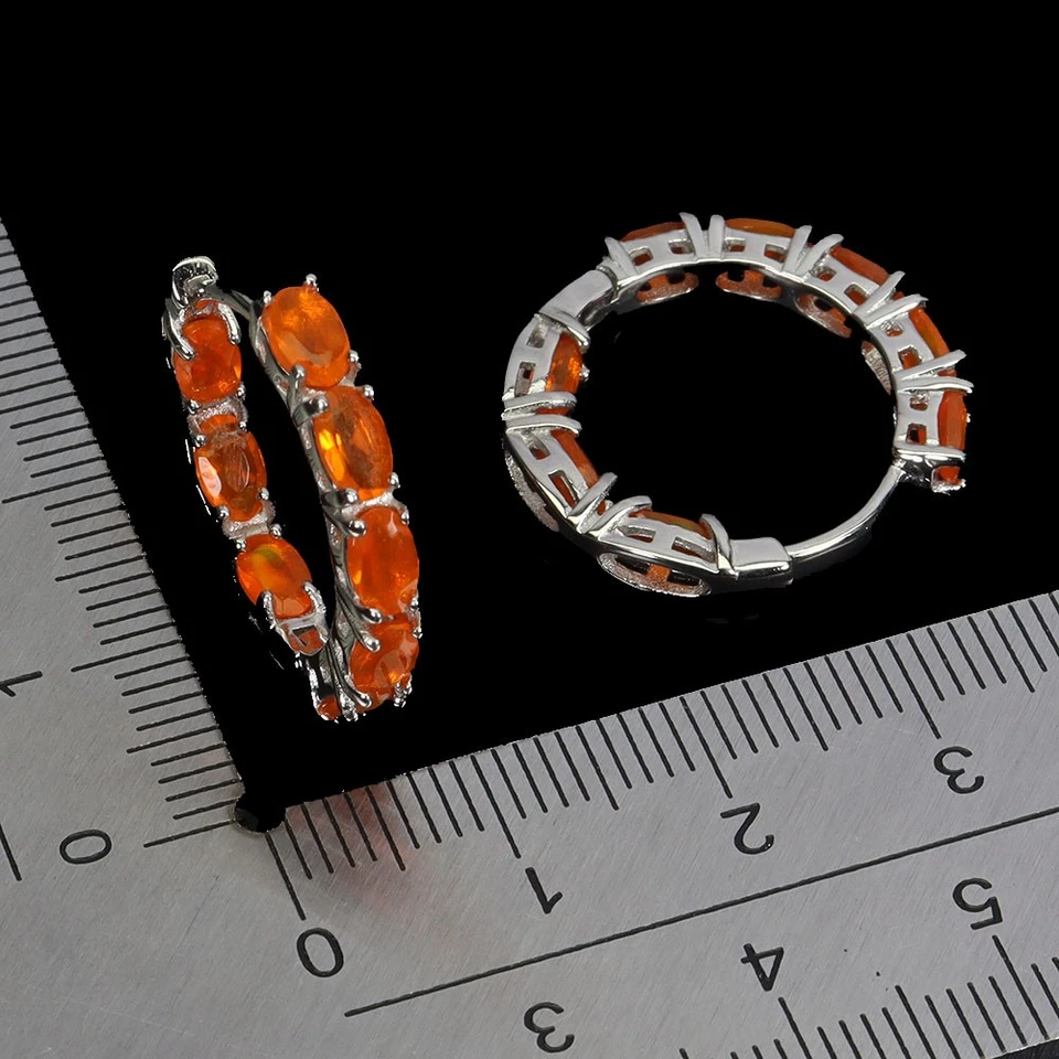 925 Orecchini Argento Sterling Ovale Arancione Opale 5x3mm Naturale Gemma - Immagine 3 di 4