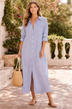 Zara Camicia Abito Lungo Blu Bianco Lino M Oversize Costa Spiaggia Casual Chic